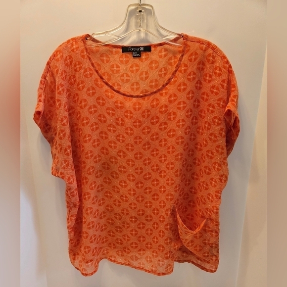 Forever 21 Size Medium Orange & white sheer Blouse Geometric design summer top - Picture 7 of 13